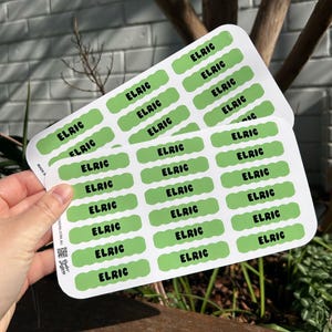 May include: Two sheets of white stickers with the name "ELRIC" printed in black on a light green background. The stickers are rectangular with rounded edges. The background is a mix of green plants and a white brick wall.