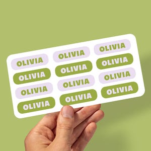 May include: A sheet of name labels with the name "OLIVIA" printed in a white font. The labels are in a rectangular shape with rounded edges. The background of the labels is either light purple or green.