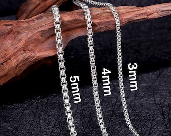 925 Solid Silver Round Box Necklace, 3mm, 4mm, 5mm Round Box Link Chain, Sterling Silver Chain Necklace For Men and Women