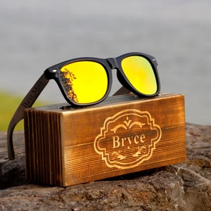 Lunettes de soleil personnalisées avec boîte en bois, Gfits pour homme, Lunettes de soleil de garçon d'honneur, Lunettes de soleil pour cadeaux de mariage, Cadeaux d'enterrement de vie de jeune garçon, Lunettes de soleil en bois