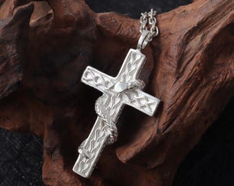 Sterling Silver Snake Cross Pendant, Oxidized Serpent, Gothic
