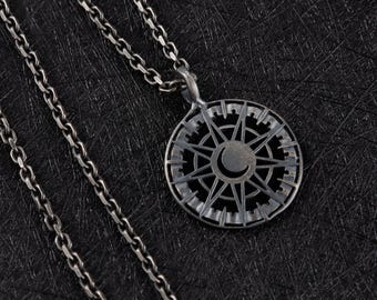 Oxidized Silver Sun and Moon Necklace, Dainty Silver Pendant