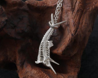 Sterling Silver Fishbone Pendant Necklace, Goth Punk Skeleton Jewelry