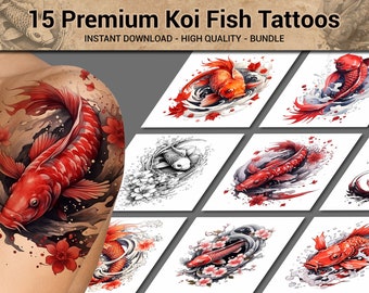 Koi Fish Tattoo Design, Japanese Koi Tattoo, Japan Koi Fish, Japanese Art - Bundle Tattoos - High Quality - White Background