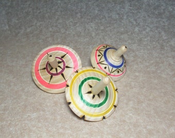 For your office, 3 colored spinning tops, wooden, manual turning