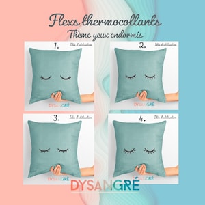 Può includere: Quattro federe per cuscini turchesi con ciglia ricamate nere. Le federe per cuscini sono esposte su uno sfondo rosa e blu con il testo "Flexs thermocollants Thème yeux endormis" e i numeri da 1 a 4.