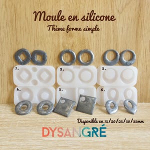 Puede incluir: Colección de joyas de resina gris y moldes de silicona. Los moldes blancos presentan formas simples, como cuadrados, círculos y gotas. El texto de la imagen dice "Moule en silicone Thème forme simple".