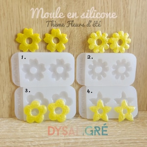 Può includere: Stampi in silicone a forma di fiori e stelle, adatti per lavori creativi. L'immagine presenta stampi numerati e il testo "Moule en silicone Thème Fleurs d'été". In basso è presente la scritta "DYSALGRE".