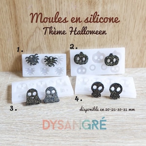 Op de afbeelding: Silicone mallen met Halloween-thema. De mallen tonen ontwerpen van spinnen, pompoenen, geesten en schedels. De tekst op de afbeelding luidt "Moules en silicone Thème Halloween" en "disponible en 20-25-30-35 mm".