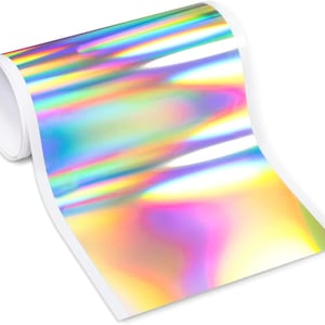 May include: A roll of iridescent holographic vinyl with a rainbow color pattern. The vinyl is rolled up and the end is unfurled, showing the iridescent colors.