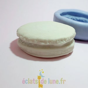 Puede incluir: Una galleta macaron blanca con un relleno marrón claro. La galleta está junto a un molde de silicona azul.