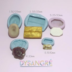 May include: An assortment of small, colorful molds and their corresponding creations. The image includes molds in blue and pink, with finished products in gold, beige, and brown. The text "DYSANGRÉ" is at the bottom, along with size measurements.