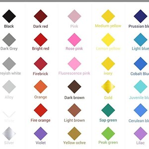 May include: A chart of 25 color swatches in a diamond shape. The colors are arranged in five columns and five rows. The colors include black, dark red, pink, medium yellow, Prussian blue, dark grey, bright red, rose pink, lemon yellow, light blue, greyish white, firebrick, fluorescence pink, ivory, cobalt blue, alloy, orange, dark brown, gold, juvenile blue, white, fire orange, light brown, sap green, cerulean blue, silver, violet, yellow ochre, peak green, and lilac.
