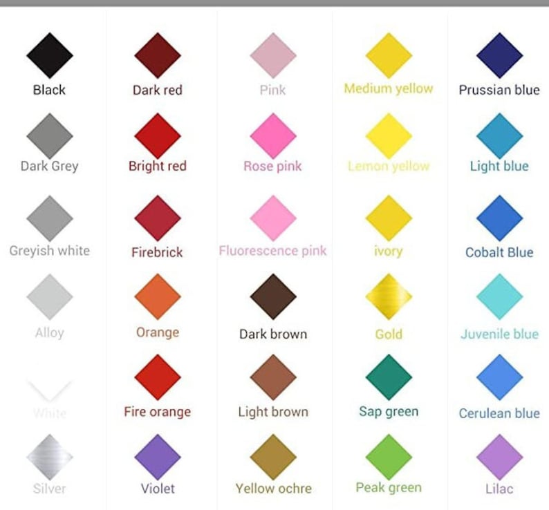 May include: A chart of 25 color swatches in a diamond shape. The colors are arranged in five columns and five rows. The colors include black, dark red, pink, medium yellow, Prussian blue, dark grey, bright red, rose pink, lemon yellow, light blue, greyish white, firebrick, fluorescence pink, ivory, cobalt blue, alloy, orange, dark brown, gold, juvenile blue, white, fire orange, light brown, sap green, cerulean blue, silver, violet, yellow ochre, peak green, and lilac.