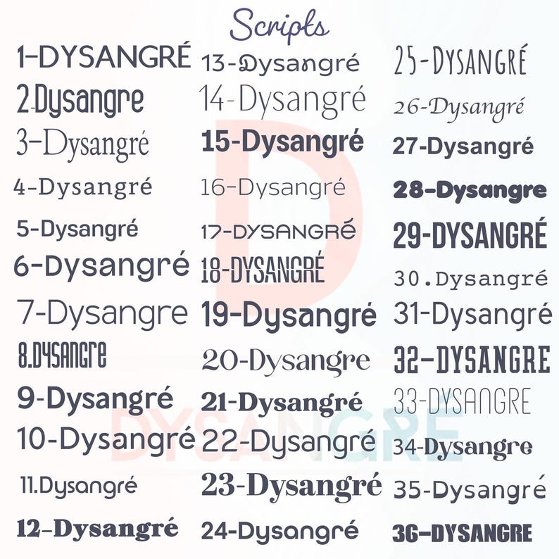 May include: A graphic design image showing 36 different variations of the word "Dysangre" in various fonts and styles. The word is written in black and white, with some variations in color. The word "Scripts" is written in cursive at the top of the image.