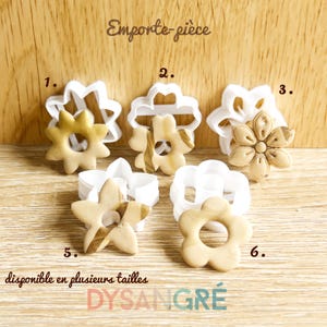 Puede incluir: Seis cortadores de galletas con forma de flor, cada uno con un diseño diferente. Los cortadores son de plástico blanco, y las galletas son de color marrón dorado. El texto "Emporte-pièce" y la marca "DYSANGRE" son visibles.