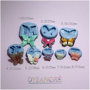 Puede incluir: Ocho moldes de silicona para hacer formas de mariposas de diferentes tamaños, que van desde 3,38 cm hasta 20,7 cm. Los moldes son de color azul claro y las mariposas son de diferentes colores.