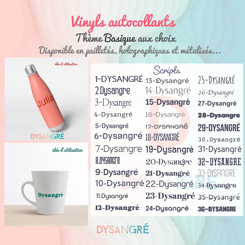 May include: A set of 36 vinyl stickers with the word "Dysangre" in various fonts and styles. The stickers are available in glitter, holographic, and metallic finishes. The image shows examples of how the stickers can be used on a water bottle and a mug.