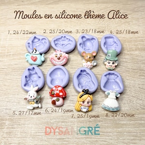 May include: Eight silicone moulds for making Alice in Wonderland themed decorations. The moulds are purple and feature various characters from the story, including the Mad Hatter, the Cheshire Cat, Alice, and the White Rabbit. The moulds are labelled with the size of the finished product in millimetres.