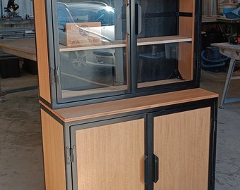 Metal and wood display case on casters