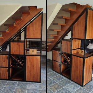 Bibliothèque Escalier-étagère de séparation-rangement bouteilles-bar-bloc porte-bois et métal-sur mesure