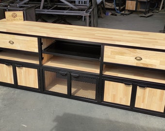 High TV stand in solid wood and metal