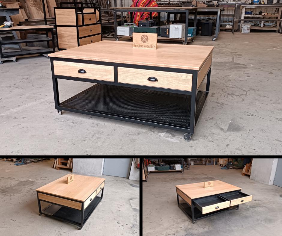 Table Basse À Roulettes En Bois Et Metal 4 Tiroirs 2 Plateaux