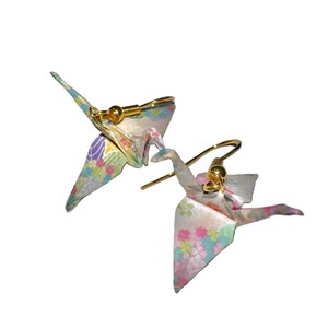 Origami Paper Crane Earrings, Handmade dangling earrings made from Japanese Chiyogami paper, Gold, Steel Wire, Glaze varnish