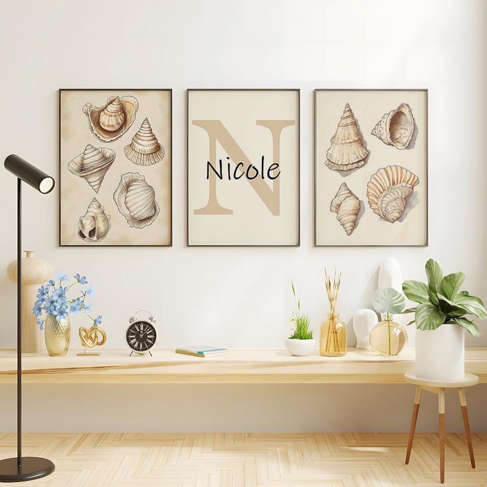 Custom Beige Seashells Set of 3 Prints Personalized Name Sign Wall Art ...