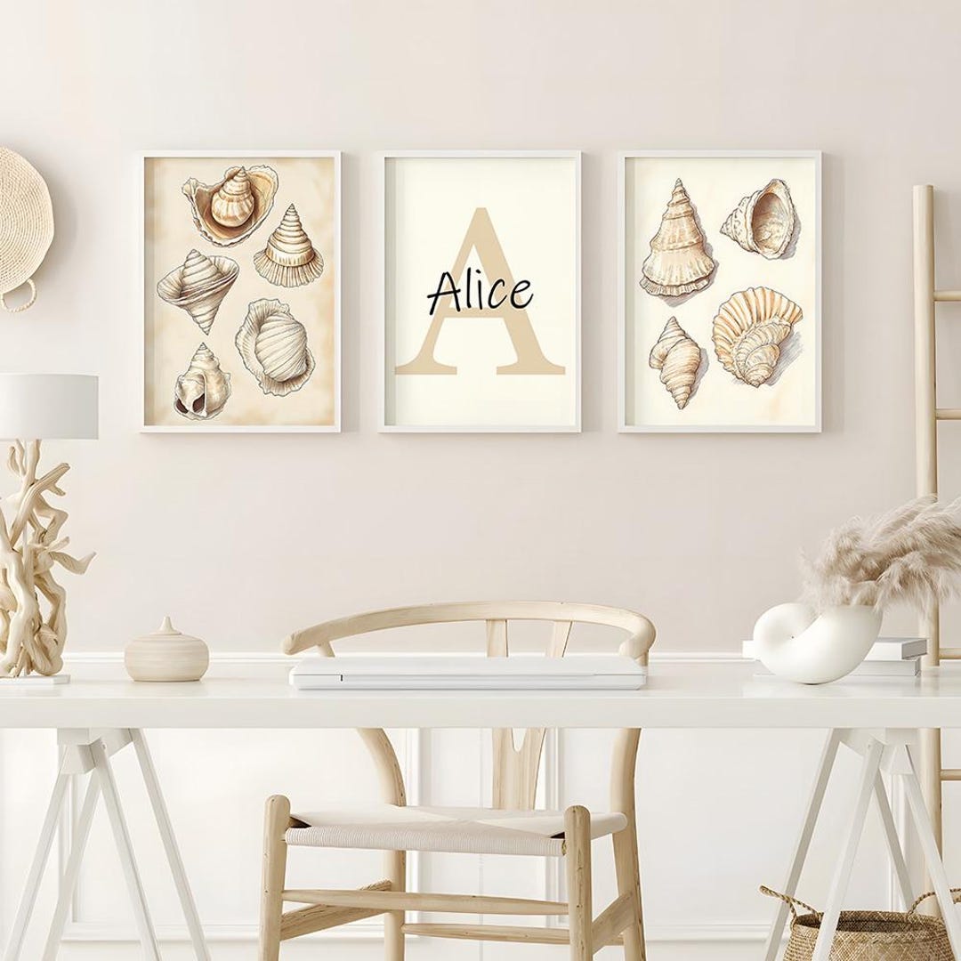 Custom Beige Seashells Set of 3 Prints Personalized Name Sign Wall Art ...