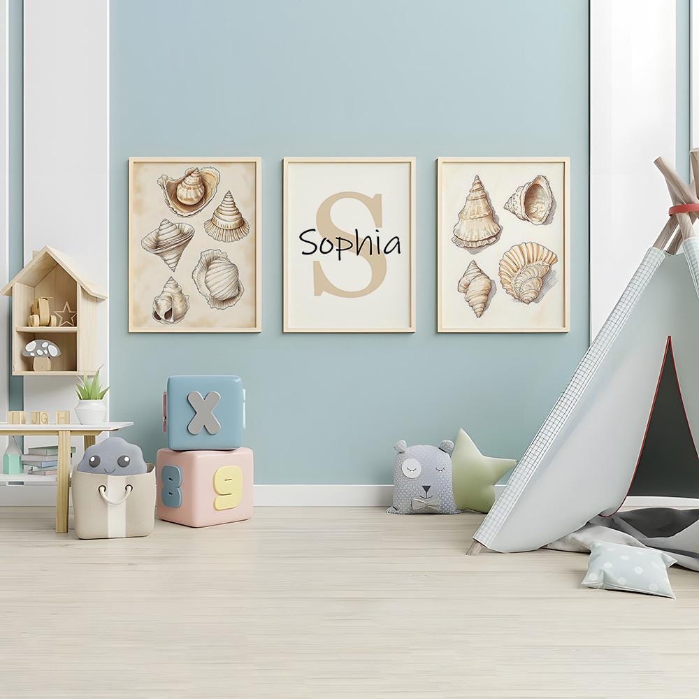 Custom Beige Seashells Set of 3 Prints Personalized Name Sign Wall Art ...