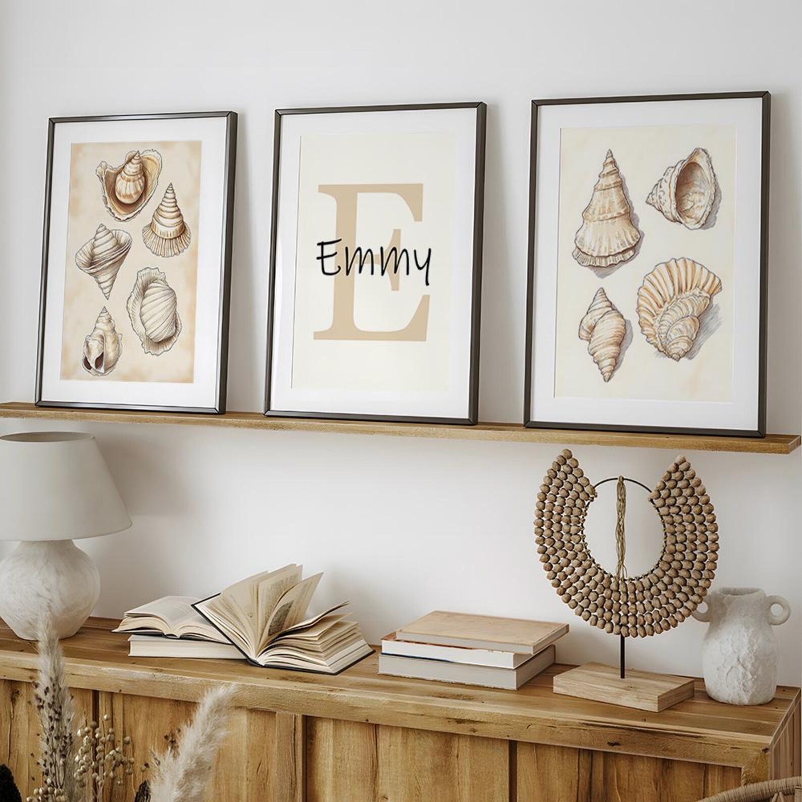 Custom Beige Seashells Set of 3 Prints Personalized Name Sign Wall Art ...