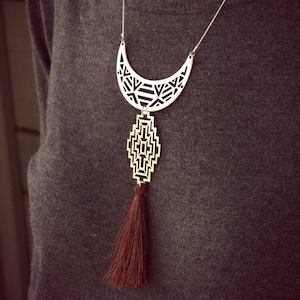 Ethnic Necklace, Silver Necklace, Tassel Necklace, Woman Necklace, Boho Necklace, Brown Tassel, Boho Necklace, Graphic Necklace, Gift image 1