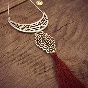 Ethnic Necklace, Silver Necklace, Tassel Necklace, Woman Necklace, Boho Necklace, Brown Tassel, Boho Necklace, Graphic Necklace, Gift image 3