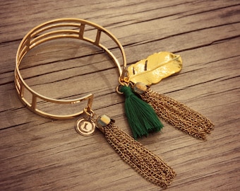 Women's bracelet, Golden Bracelet, Breloque bracelet, Cuff bracelet, Boho bracelet, Boho bracelet, Pompon Green bracelet, Women's Gift