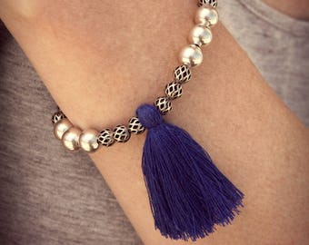 Bracciale con pompon blu, bracciale yoga, bracciale zen, bracciale argento, bracciale tibetano, bracciale bohémien, bracciale con perline, bracciale boho