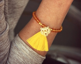 Women's Bracelet, Pearl Bracelet, Yellow Pompon Bracelet, Yellow Bracelet, Golden Bracelet, Charms Bracelet, Golden Tiger Charm