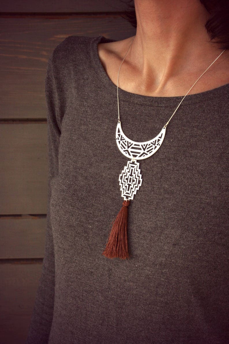 Ethnic Necklace, Silver Necklace, Tassel Necklace, Woman Necklace, Boho Necklace, Brown Tassel, Boho Necklace, Graphic Necklace, Gift image 2