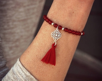Beaded Bracelet, Red Bracelet, Charm Bracelet, Tassel Bracelet, Boho Bracelet, Women's Bracelet, Red Tassel, Boho Bracelet