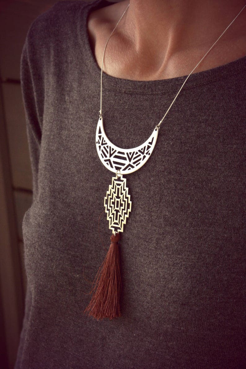 Ethnic Necklace, Silver Necklace, Tassel Necklace, Woman Necklace, Boho Necklace, Brown Tassel, Boho Necklace, Graphic Necklace, Gift image 1