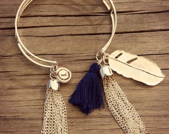 Bracciale da donna, bracciale in argento, bracciale con ciondoli, bracciale rigido, bracciale boho, bracciale boho, bracciale con nappina blu, regalo per donne