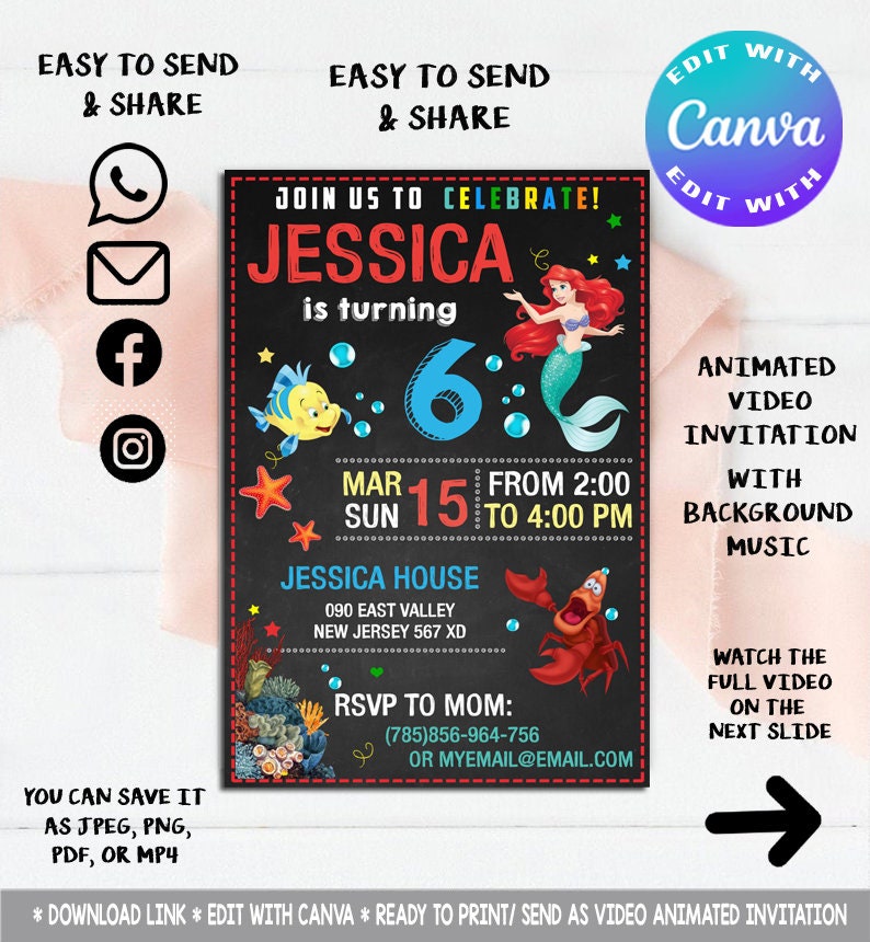 Editable Video Animated Invitation Little Mermaid invitation Little Mermaid party Little Mermaid Birthday Mermaid Invitation
