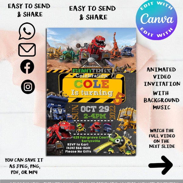 Editable Video Animated Invitation, Dinotruck Invitation, Dinotruck Party, Dinotruck Birthday, Dinotruck themes, Dinotrux Invitation, Dino