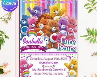 Care Bear invitation, Care Bear Birthday Invitation, Care Bear invites, Care Bear Party, Care Bear Card, Care Bear Birthday Party invitation