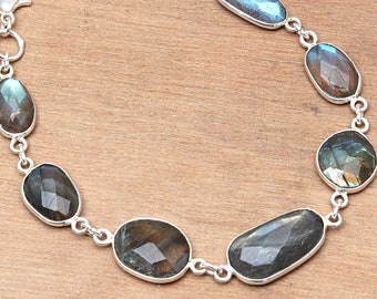 Solid Silver Labradorite Feceted Bracelet, Blue Lace Feceted Bracelet, 14Ct Gold Bracelet ,Silver Bezel Bracelet,June Birthstone, Gwen