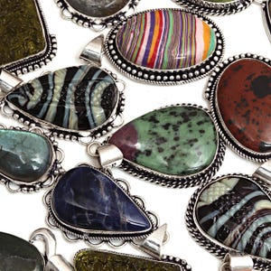 Wholesale !!! Mix Gemstone Lot Handmade Pendant ,925 Sterling Silver Dainty Necklace,Women Jewelry Pendant, Men&#39;s Locket,Father&#39;s Day Gift