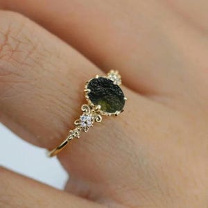 Raw Natural Moldavite Ring, Meteorite Ring, 925 Sterling Silver Ring, Silver Genuine Czech Republic Moldavite Ring with Vermeil Ring