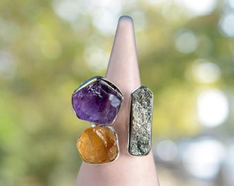 Raw Amethyst Citrine Pyrite Ring: Handcrafted Sterling Silver Adjustable Band