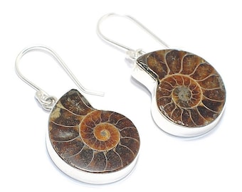 Ammonite Fossil Earrings: Handmade 925 Sterling Silver Jewelry