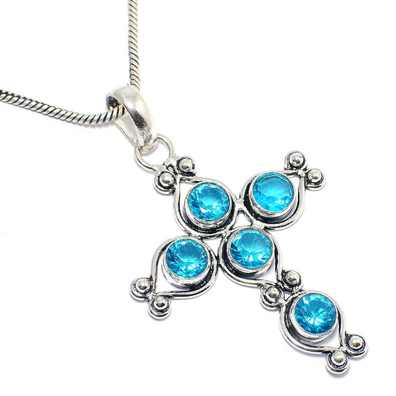 Awesome !! Swiss Blue Quartz 925 Silver Jewelry Cross Necklace 18/'/'